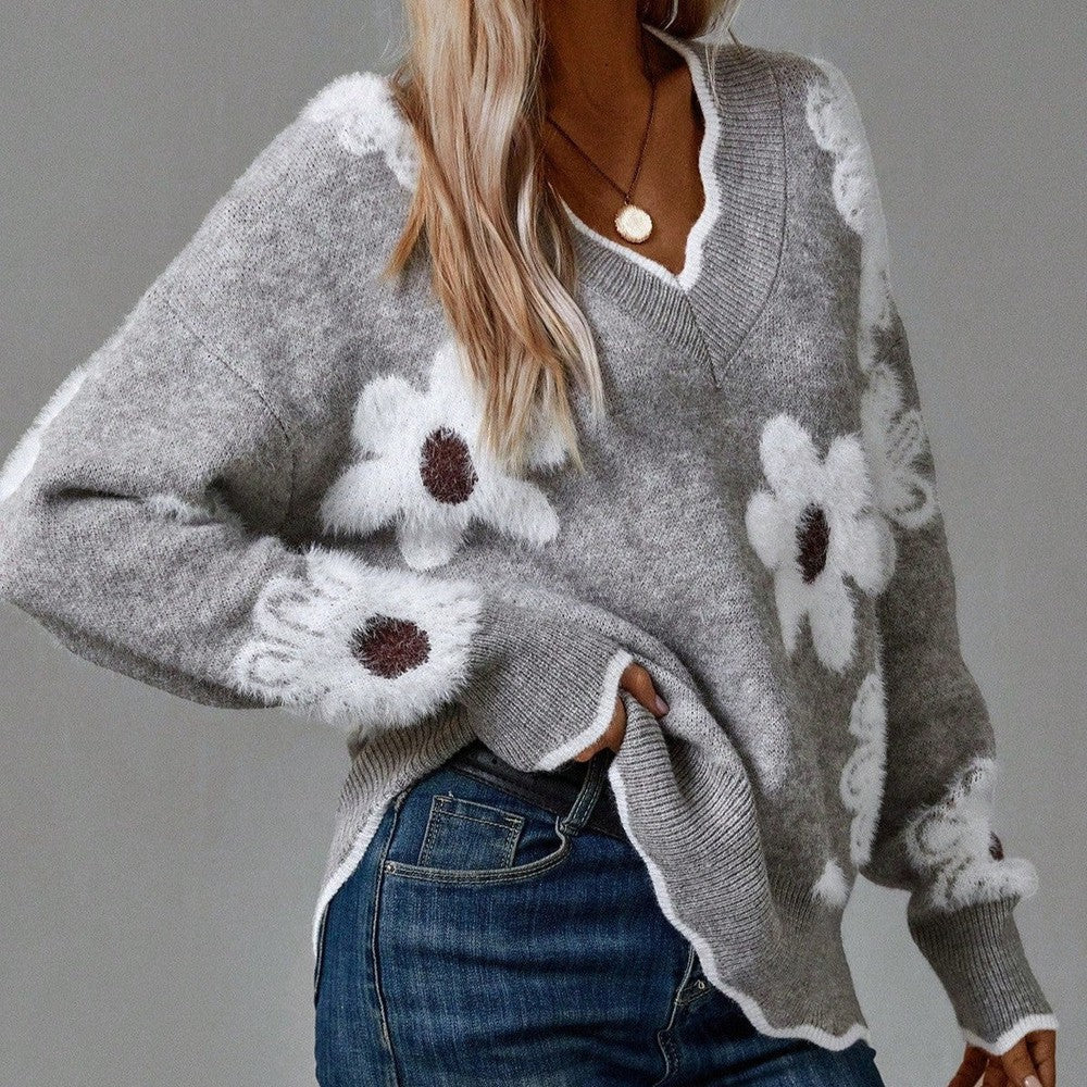 THEA | ELEGANT V-NECK FLORAL SWEATER